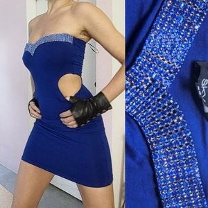 Nwt SKY y2k cobalt blue paris rhinestone sides cut out dress